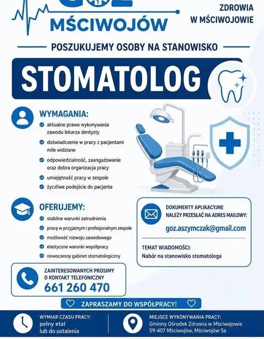 Gminny Ośrodek Zdrowia w Mściwojowie zatrudni stomatologa