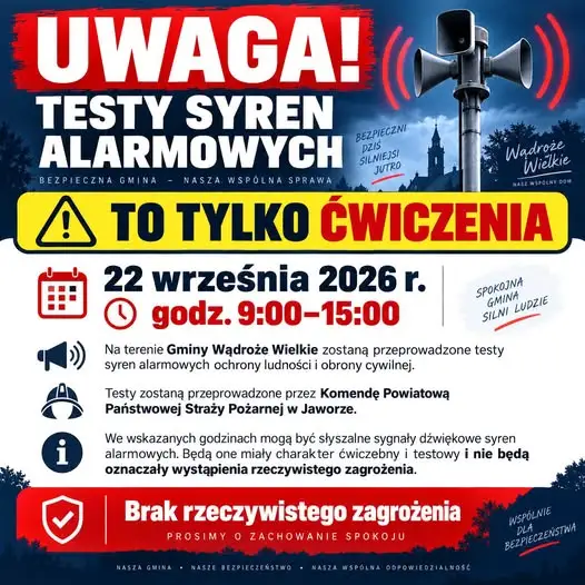 Ćwiczenia i testy syren alarmowych w Gminie Wądroże Wielkie – 22 września 2026