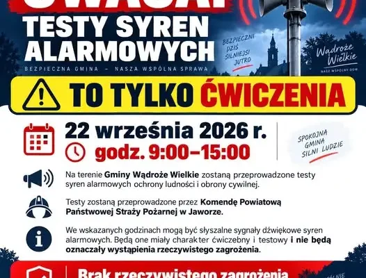 Gmina Wądroże Wielkie: testy syren alarmowych 22 września 2026 – to tylko ćwiczenia