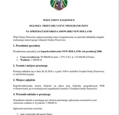 Gmina Paszowice sprzedaje koparko-ładowarkę New Holland. Przetarg już 30 października
