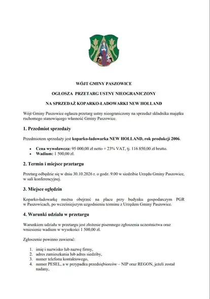 Gmina Paszowice sprzedaje koparko-ładowarkę New Holland. Przetarg już 30 października