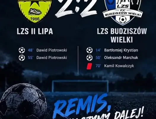 LZS II Lipa remisuje 2:2 z LZS Budziszów Wielki w meczu B-klasy