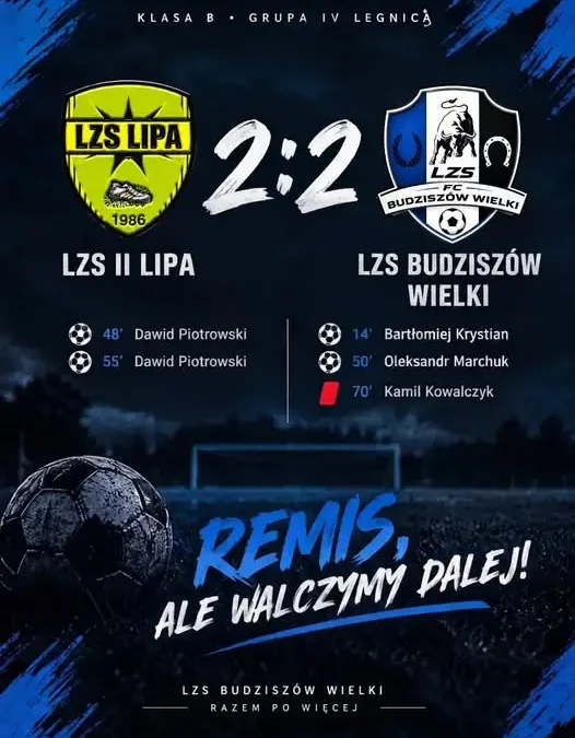 LZS II Lipa remisuje 2:2 z LZS Budziszów Wielki w meczu B-klasy